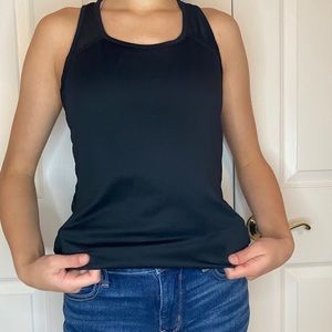 Black athletic tank top with mesh back straps